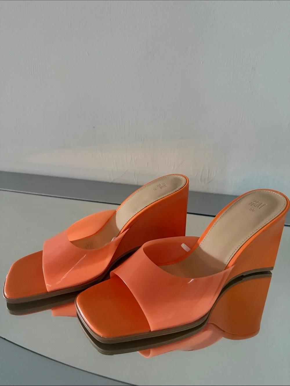 H&M Wedge Heel Mules Women’s Size 8 Orange Patent Square Toe